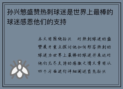 孙兴慜盛赞热刺球迷是世界上最棒的球迷感恩他们的支持