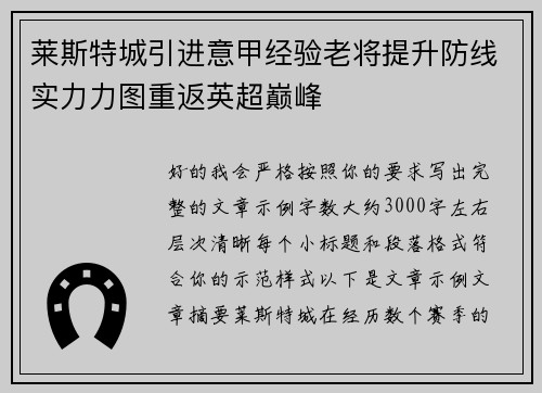 莱斯特城引进意甲经验老将提升防线实力力图重返英超巅峰 莱斯特城引进意甲经验老将提升防线实力力图重返英超巅峰